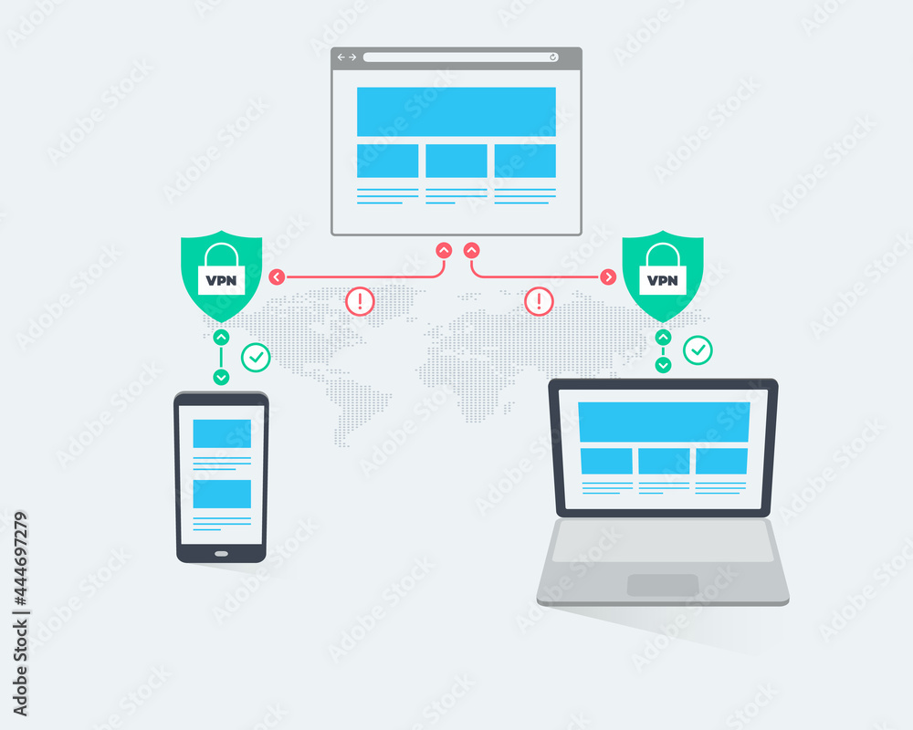 VPN network security infographics. Two devices with secure connection to a web page. Easy to use for your website or presentation.