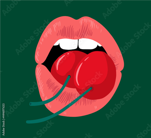 Open mouth with two cherries in it. Seventies style vector icon. 