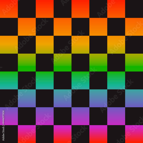 Checker gradient chessboard. Vector black and rainbow squares. Seamless squares in checker position and colorful board.