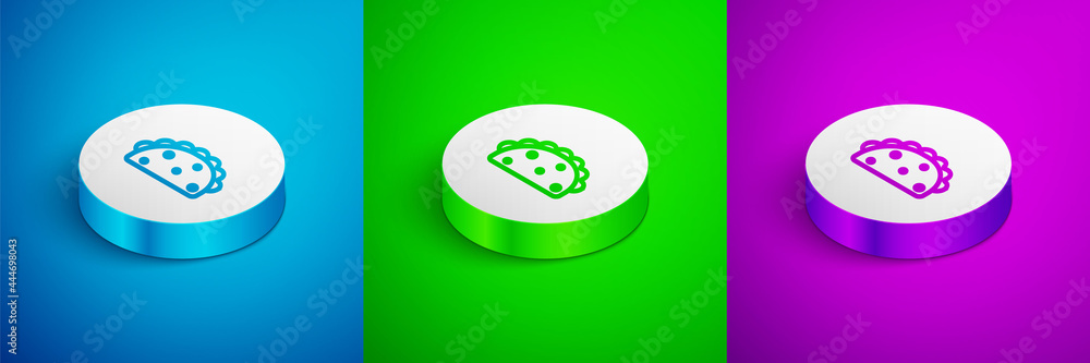 Isometric line Taco with tortilla icon isolated on blue, green and purple background. Traditional mexican fast food menu. White circle button. Vector Isometric line Taco with tortilla icon isolated on blue, green and purple background. Traditional mexican fast food menu. White circle button. Vector