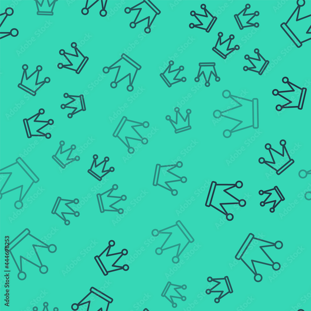 Black line Crown icon isolated seamless pattern on green background. Vector Black line Crown icon isolated seamless pattern on green background. Vector