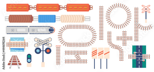 Set of Icons Railroad Tracks, Straight and Curved Way, Barrier, Traffic Light, Semaphore. Transportation Rail Road Lines