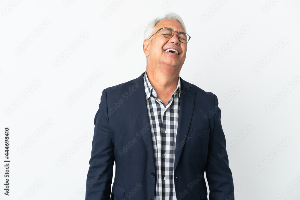 Middle age Brazilian man isolated on white background laughing Middle age Brazilian man isolated on white background laughing