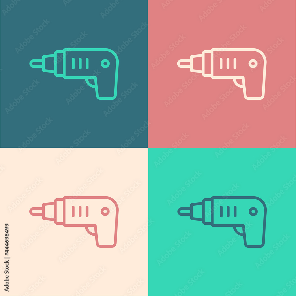 Pop art line Electric cordless screwdriver icon isolated on color background. Electric drill machine. Repair tool. Vector