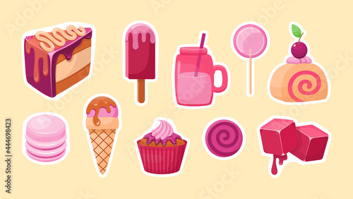 Cake and ice cream stickers. Sweet piece of cake with cream and sundae in cone. Fruit frosting cupcake and lollipop. Strawberry marshmallow cubes with milkshake in a cup with a straw. Vector cartoon