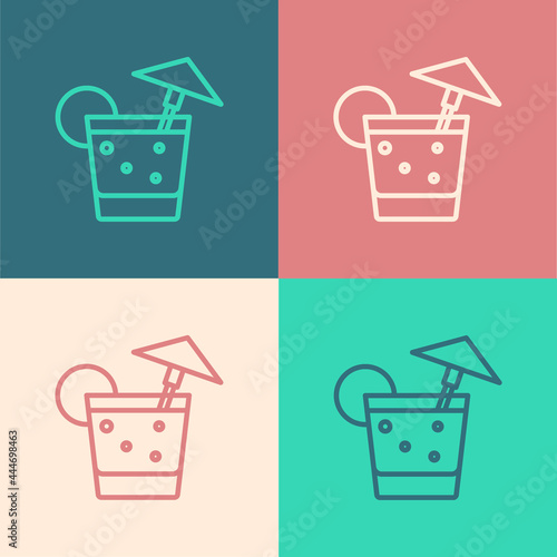 Pop art line Cocktail and alcohol drink with umbrella icon isolated on color background. Vector