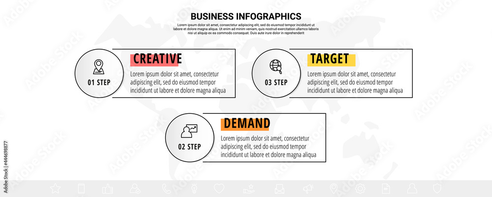 Fototapeta premium Business vector infographics with three line circles and labels. Timeline visualization with 3 steps for diagram, flowchart, banner, presentations, web, content, levels, chart, graph