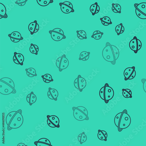 Black line Planet Saturn with planetary ring system icon isolated seamless pattern on green background. Vector