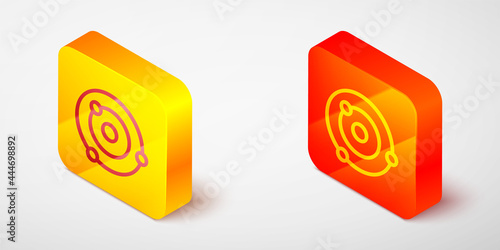 Isometric line Solar system icon isolated on grey background. The planets revolve around the star. Yellow and orange square button. Vector