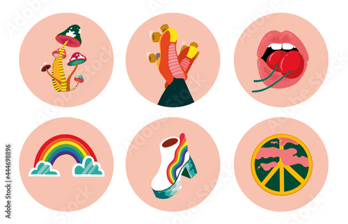 Set of seventies themes vector icons on light red round backgrounds. Use for Logo, Social media and co