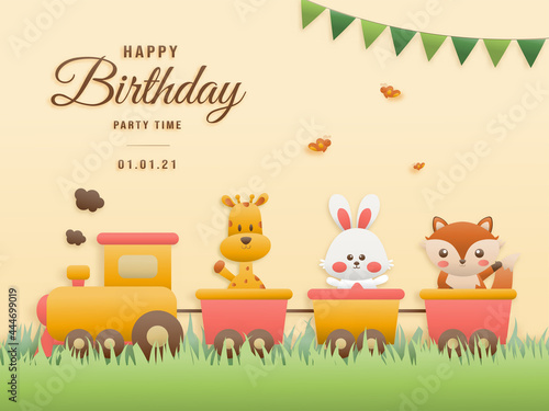 Cute giraffe, rabbit, fox on train birthday greeting card. jungle animals celebrate children's birthdays and template invitation paper and papercraft style vector illustration. Theme happy birthday.