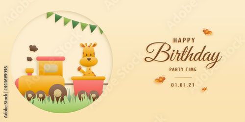 Cute giraffe, rabbit, fox on train birthday greeting card. jungle animals celebrate children's birthdays and template invitation paper and papercraft style vector illustration. Theme happy birthday.