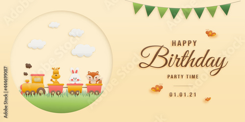 Cute giraffe, rabbit, fox on train birthday greeting card. jungle animals celebrate children's birthdays and template invitation paper and papercraft style vector illustration. Theme happy birthday.
