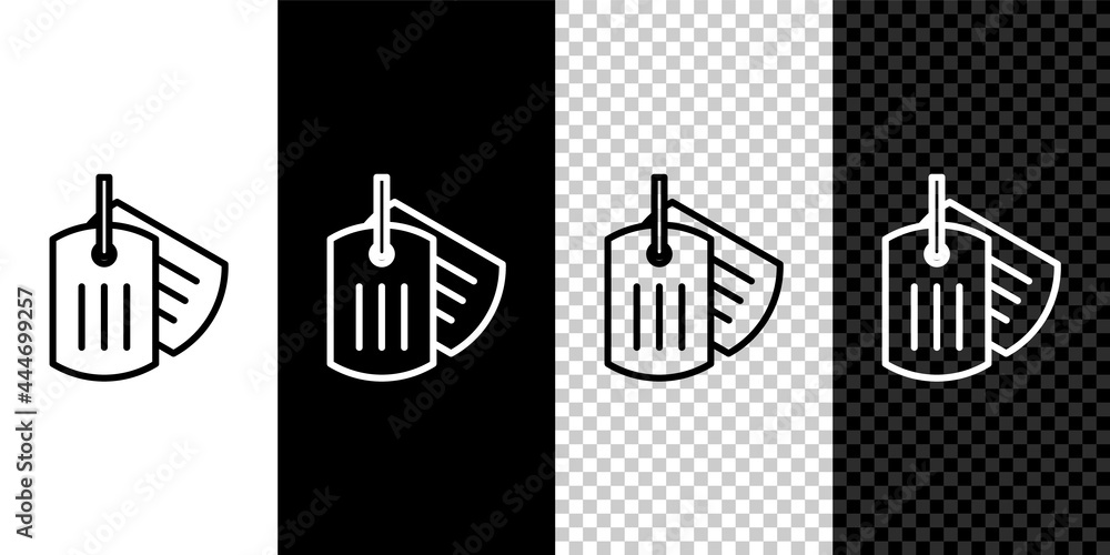 Set line Military dog tag icon isolated on black and white, transparent background. Identity tag icon. Army sign. Vector