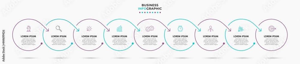 Obraz premium Vector Infographic design illustration business template with icons and 9 options or steps. Can be used for process diagram, presentations, workflow layout, banner, flow chart, info graph