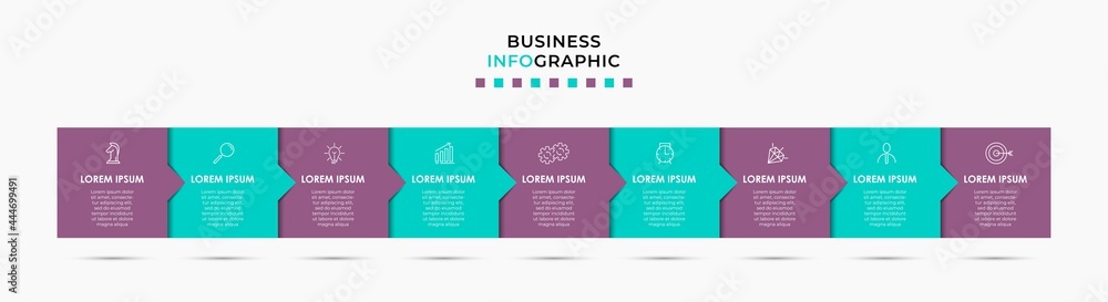 Vector Infographic design illustration business template with icons and 9 options or steps. Can be used for process diagram, presentations, workflow layout, banner, flow chart, info graph