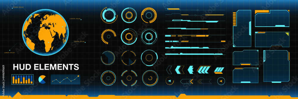 Vector HUD Elements Set for Futuristic User GPS Interface Abstract digital conceptual technology interface background and world navigation
