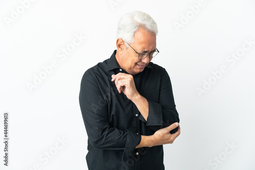 Middle age Brazilian man isolated on white background with pain in elbow