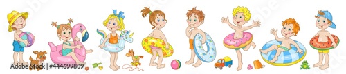 A group of eight funny children in different poses with swimming circles and favorite toys. Banner in cartoon style. Isolated on white background. Vector illustration.