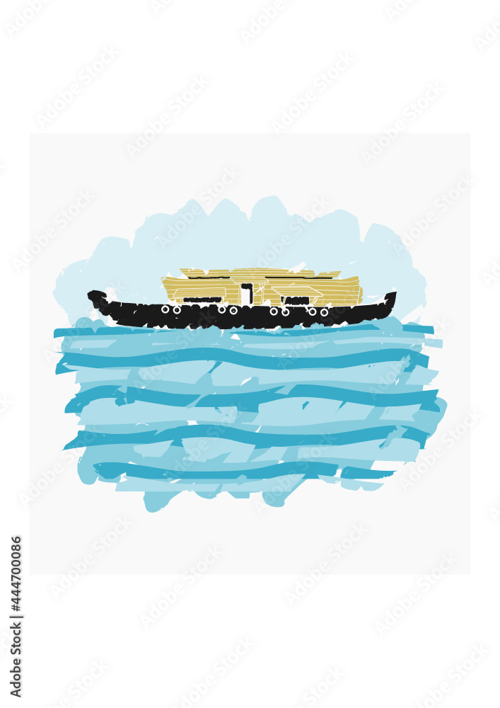 Obraz premium Editable Isolated Side View Brush Strokes Typical Indian Kerala Houseboat Backwater on Wavy Lake Vector Illustration for Artwork Element of Transportation or Recreation of Hindustan Related Design