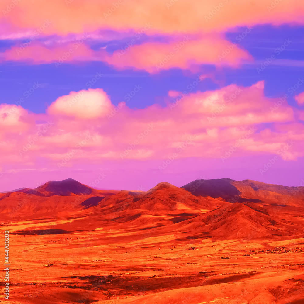 Volcanic desert and sky surreal landscape. Ideal for postcard prints, phone cases, print t-shirts. Canary islands. Fuerteventura. Stylish nature visual spirits background