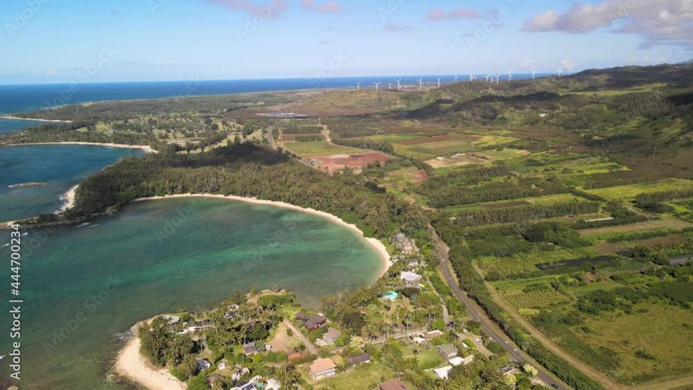 aerial view from above drone shot. View of the reef and ocean and white sand beaches on oahu hawaii aerial view from above drone shot. View of the reef and ocean and white sand beaches on oahu hawaii