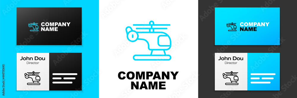 Blue line Helicopter aircraft vehicle icon isolated on white background. Logo design template element. Vector