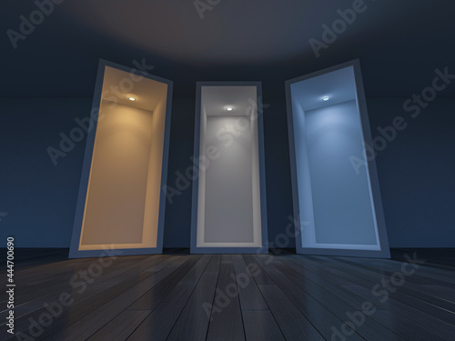 3D rendering image of 3 boxes which different light effect.