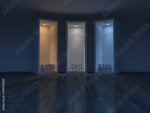 3D rendering image of 3 boxes which different light effect. photo