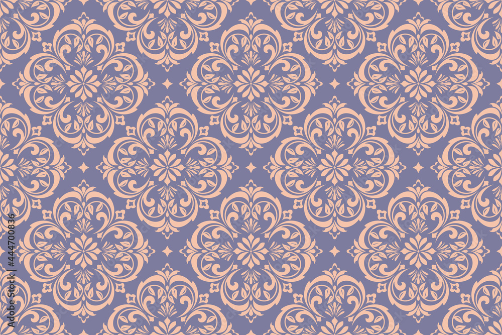 Wallpaper in the style of Baroque. Seamless vector background. Gold and blue floral ornament. Graphic pattern for fabric, wallpaper, packaging. Ornate Damask flower ornament
