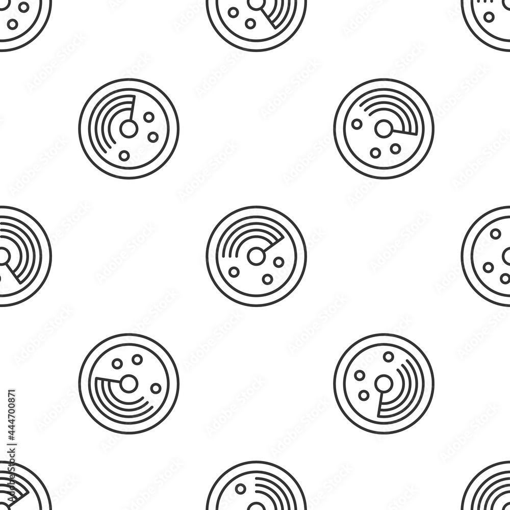 Grey line Radar with targets on monitor in searching icon isolated seamless pattern on white background. Search system. Navy sonar. Vector Grey line Radar with targets on monitor in searching icon isolated seamless pattern on white background. Search system. Navy sonar. Vector