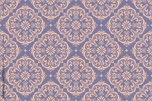 Wallpaper in the style of Baroque. Seamless vector background. Gold and blue floral ornament. Graphic pattern for fabric, wallpaper, packaging. Ornate Damask flower ornament