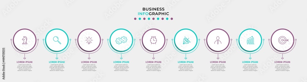 Vector Infographic design illustration business template with icons and 9 options or steps. Can be used for process diagram, presentations, workflow layout, banner, flow chart, info graph Vector Infographic design illustration business template with icons and 9 options or steps. Can be used for process diagram, presentations, workflow layout, banner, flow chart, info graph