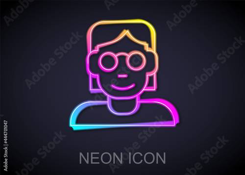 Glowing neon line Hacker or coder icon isolated on black background. Programmer developer working on code, coding, testing, debugging, analysing. Vector