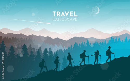 Teamwork. Climbers climb up the mountain. Hiking. Adventure. Travel concept of discovering, exploring and observing nature. Polygonal minimalist graphic flat design. Vector illustration.