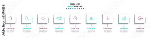 Vector Infographic design illustration business template with icons and 9 options or steps. Can be used for process diagram, presentations, workflow layout, banner, flow chart, info graph