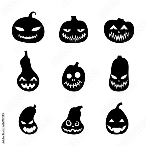 Halloween silhouettes scary pumpkins set. Illustration of Jack-o-lantern facial expressions. Simple collection spooky horror images of pumpkins. Isolated vector stock illustration.