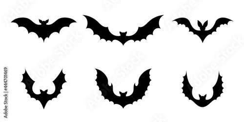 Set of black silhouette bats. Creepy decoration of horror design for Halloween party. Spooky background for october night party and invitations. Flat vector stock illustration. © Jexy