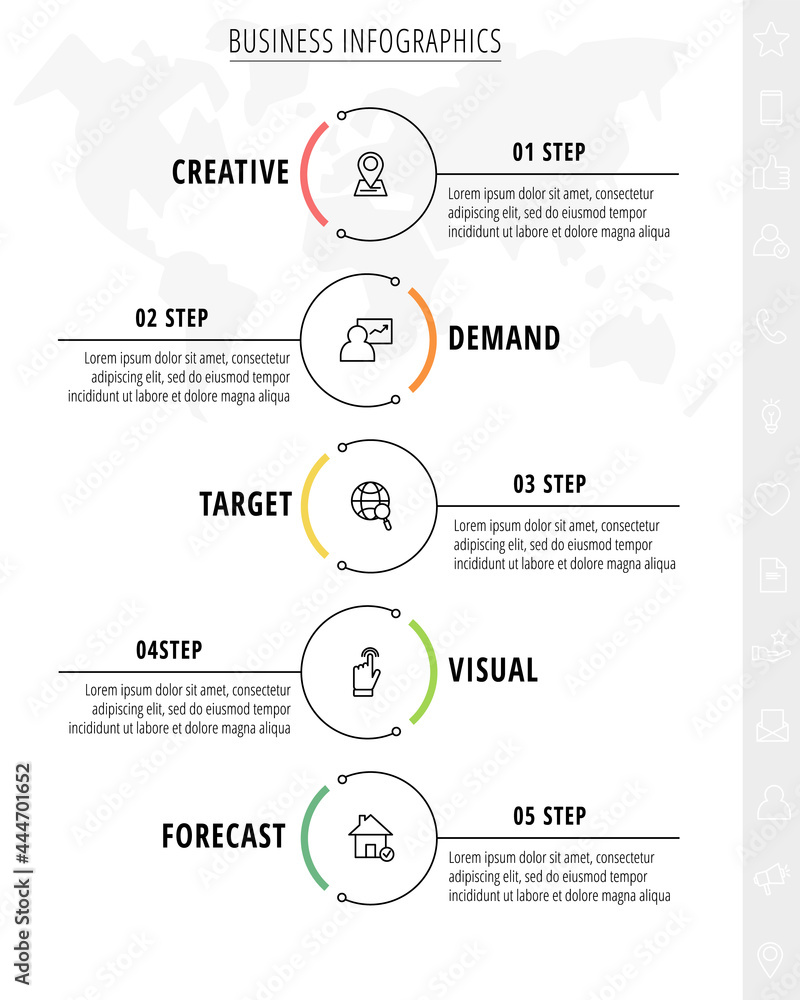 Fototapeta premium Business vector infographics with 5 line circles. Timeline visualization with five steps for diagram, flowchart, banner, presentations, web, content, levels, chart, graphic