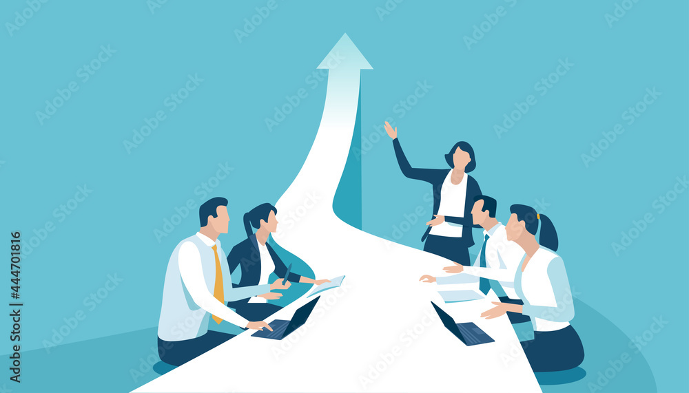 Obraz premium Business plan. Female team leader presents new business target. Vector illustration.