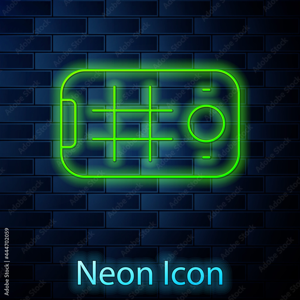 Glowing neon line Selfie on mobile phone icon isolated on brick wall background. Vector Glowing neon line Selfie on mobile phone icon isolated on brick wall background. Vector