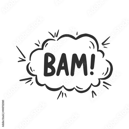 Hand drawn cloud speech bubble element with bam text. Comic doodle sketch style. Explosion cloud icon. Isolated vector illustration.