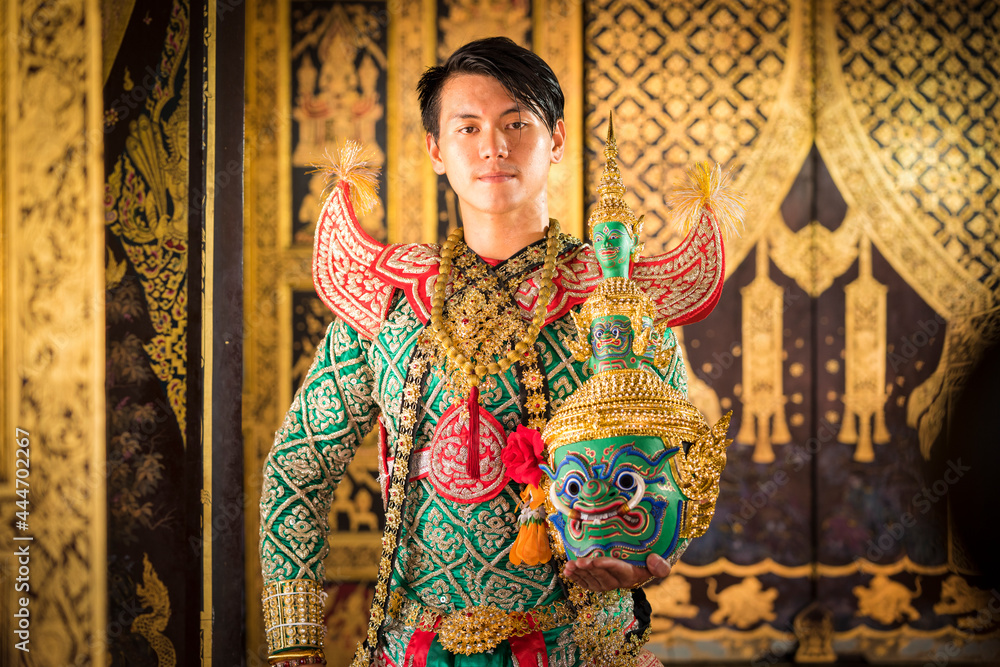 Tosakan, the main character in the Ramayana poem. (Khon). Thai culture dancing art in masked khon.