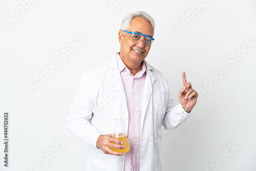 Middle age Brazilian scientific man scientific isolated on white background showing and lifting a finger in sign of the best