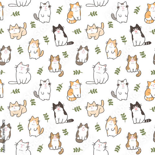 Fototapeta Naklejka Na Ścianę i Meble -  Seamless Pattern of Cartoon Cat and Leaf Illustration Design on White Background