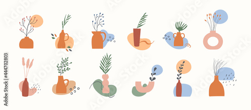 Set of clay vases with potted dry plants, leaves, branches and abstract geometric shape. Trendy boho design element. Fall season nature minimal wall art. Vector illustration in flat style.