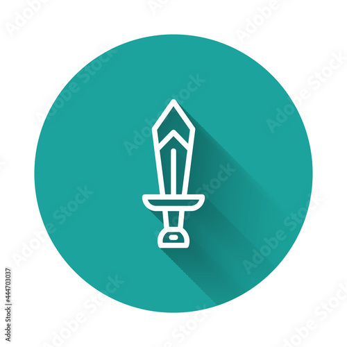 White line Sword for game icon isolated with long shadow background. Green circle button. Vector