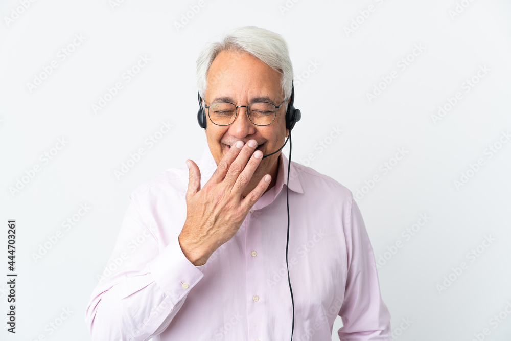 Telemarketer Middle age man working with a headset isolated on white background happy and smiling covering mouth with hand Telemarketer Middle age man working with a headset isolated on white background happy and smiling covering mouth with hand