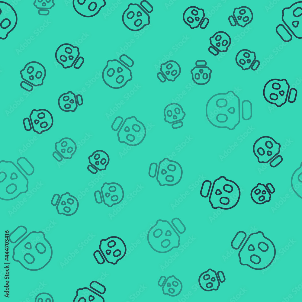 Black line Skull icon isolated seamless pattern on green background. Happy Halloween party. Vector Black line Skull icon isolated seamless pattern on green background. Happy Halloween party. Vector