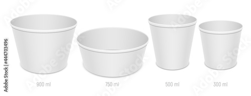 Set of vector realistic blank disposable food containers. Different sizes of paper open empty dishes for takeaway food packaging.